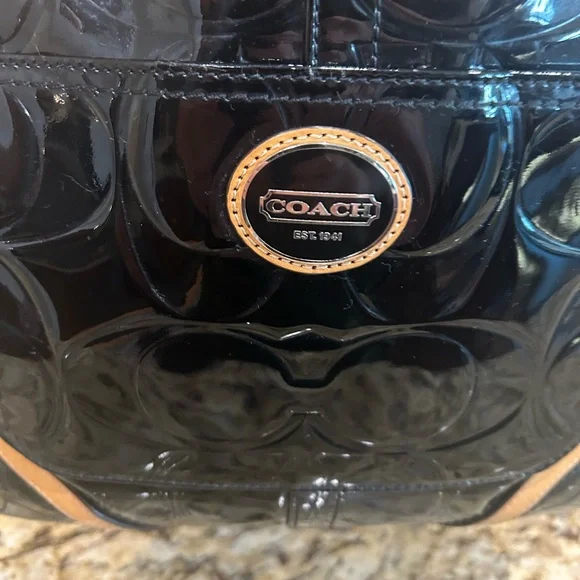 COACH Black Patent Leather Tote with Tan Leather Trim - Picture 5 of 9